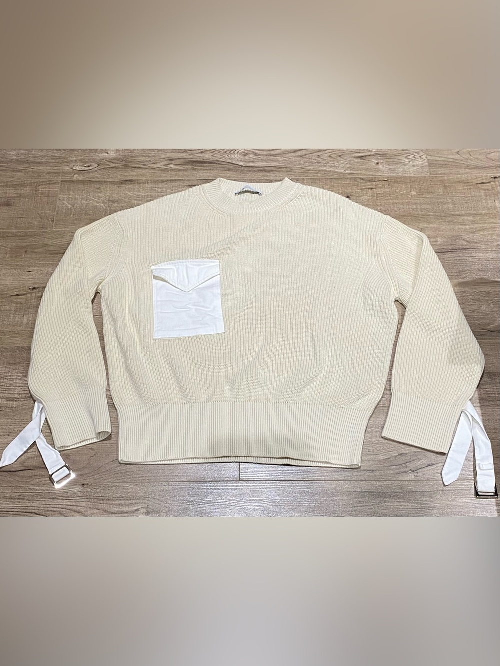 Zara Cream Crewneck Sweater with Contrast Pocket
